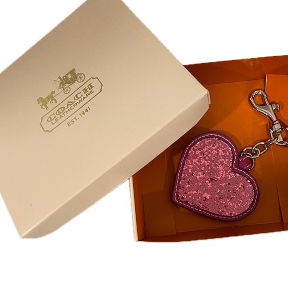 Coach Red & Pink Glitter Heart Keychain Fob Bag Charm Silver Hardware - Picture 4 of 8